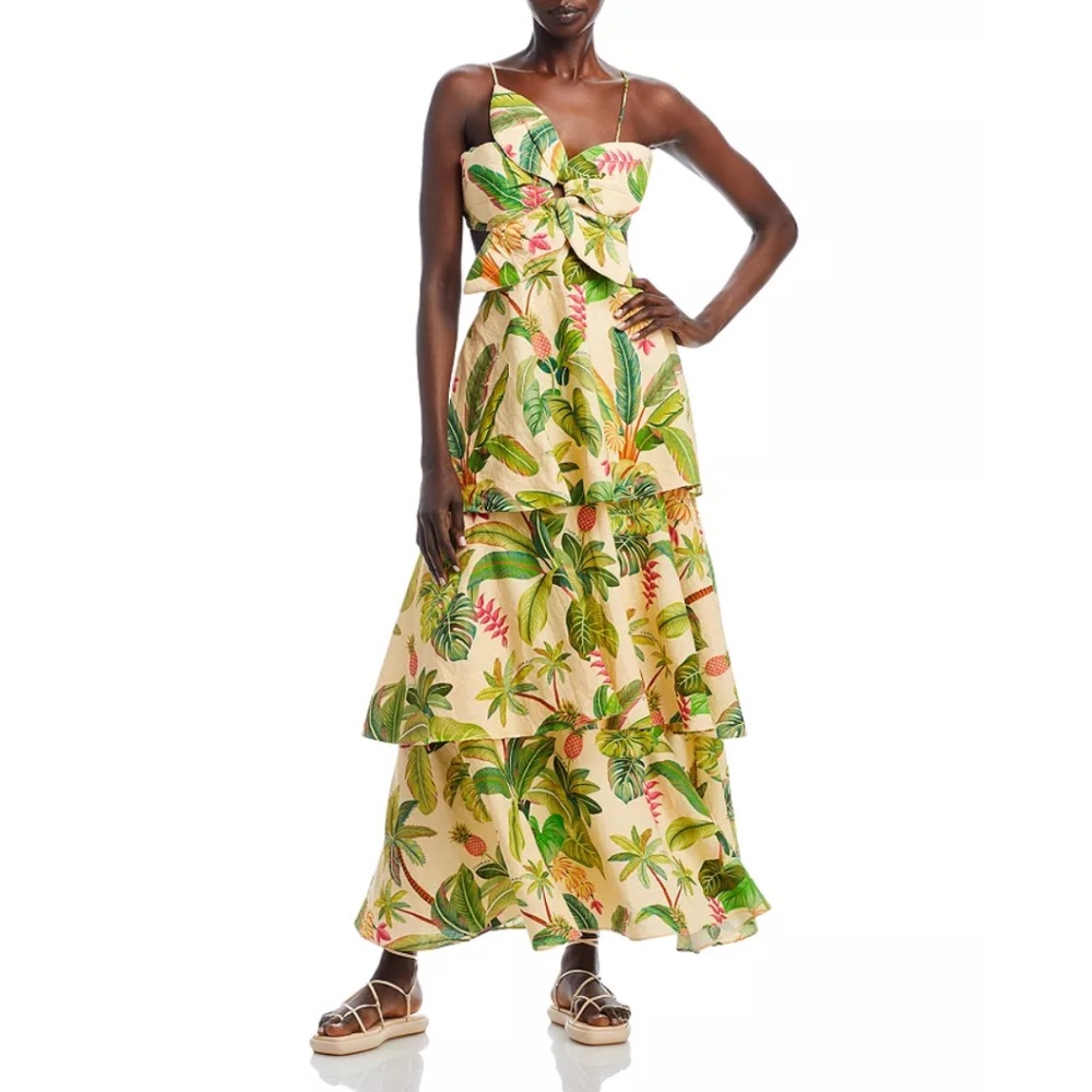 FARM RIO Linen Blend Fruit Forest Sand Maxi Dress